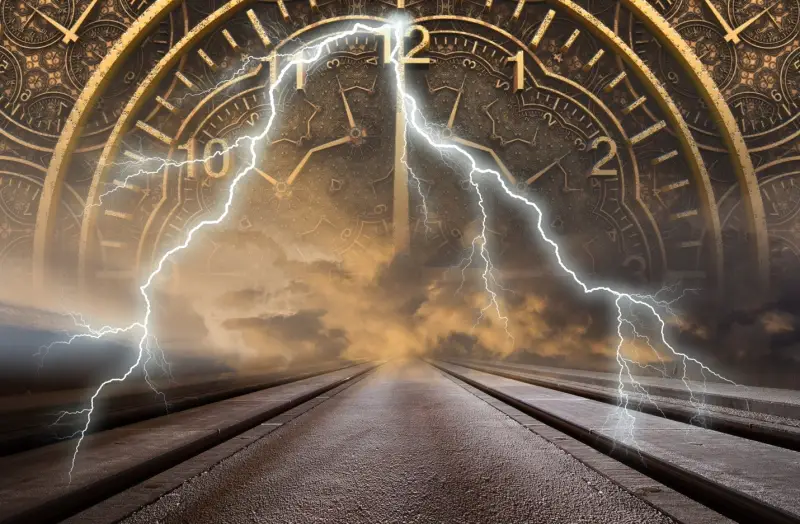 clock and train tracks chronovisor time travel with lightning